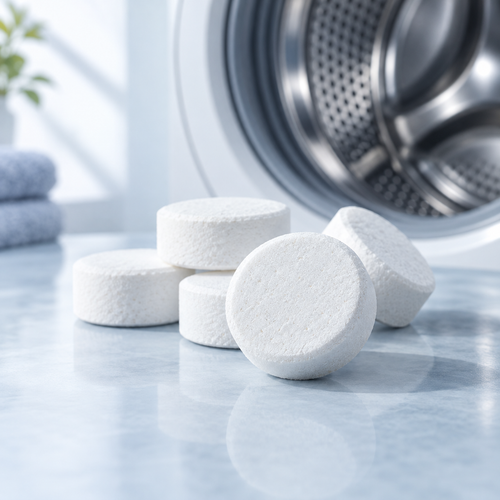 Illustrative studio image of plain white washer-cleaning tablets in front of a washing machine drum.