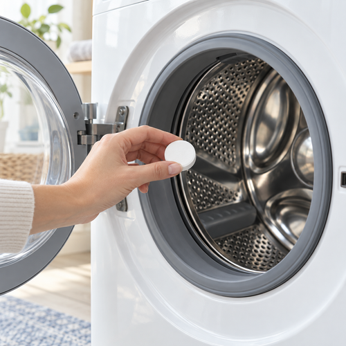 Illustrative lifestyle scene of a hand holding a white washer-cleaning tablet beside an open washing machine.