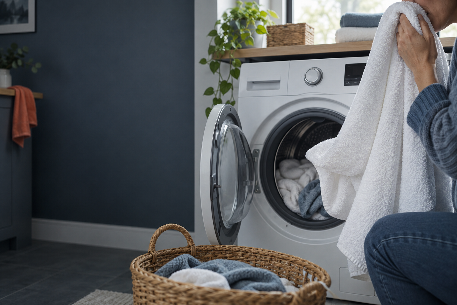 A freshly washed towel lifted from an open washing machine